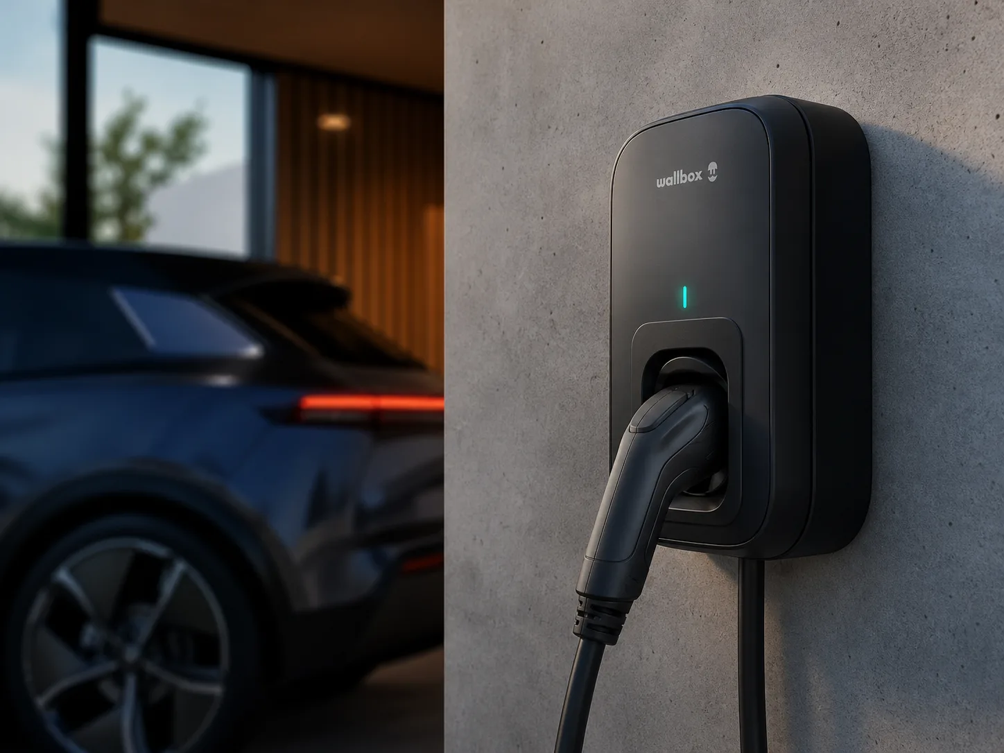 Lähikuva modernista wallbox sähköauton latausasemasta